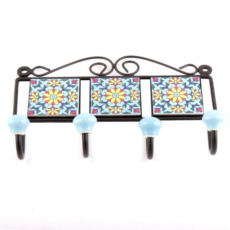 Turquoise And Yellow Sun Flower Tiles Hooks